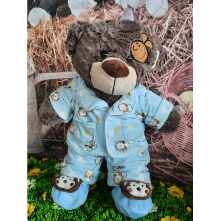 Teddy bear wearing light blue pajamas with monkey pattern and slippers – outfit for 40 cm plush toy