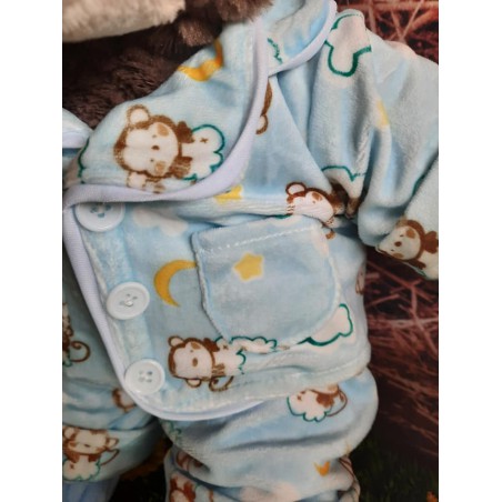 Teddy bear wearing light blue pajamas with monkey pattern and slippers – outfit for 40 cm plush toy