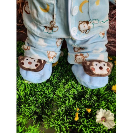 Teddy bear wearing light blue pajamas with monkey pattern and slippers – outfit for 40 cm plush toy