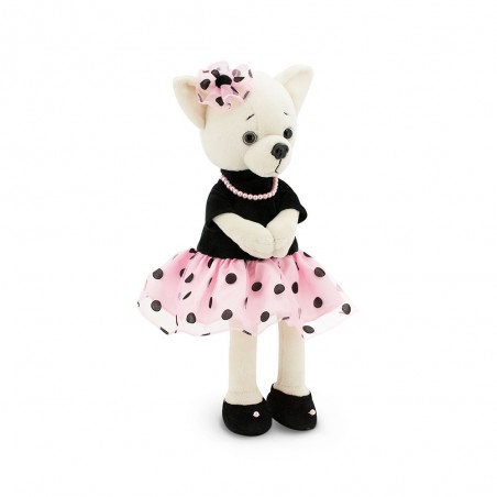 Lucky Lili Élégance à Pois Réf. LD003 – Peluche douce en robe rose à pois noirs et collier de perles