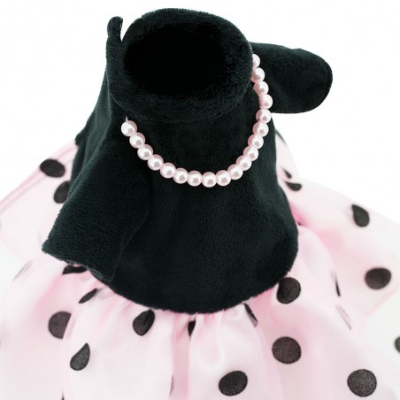 Lucky Lili Élégance à Pois Réf. LD003 – Peluche douce en robe rose à pois noirs et collier de perles