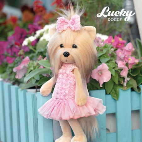 Lucky Doggy Plüsch 40 cm – Rosa Kleid mit Rosen und Tüllrock – Lucky Yoyo Mélange de Roses