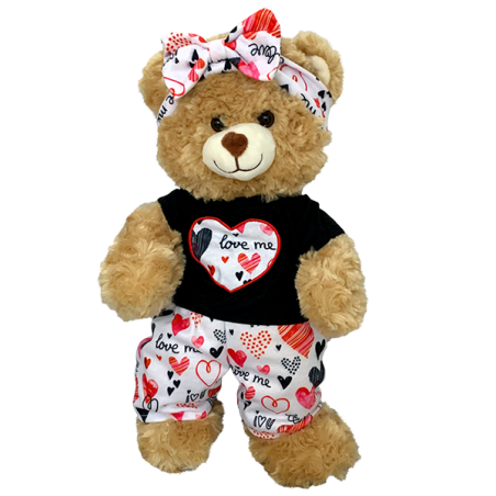 Tenue pour peluche Love Me 3002 – haut noir cœur rouge et jupe à motifs cœurs.
