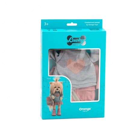 Lucky Doggy knuffelkleding 40 cm – Grijze trui met roze hart, roze rok, laarsjes & rugzak – Urban Style