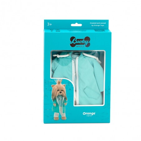 Kleidung für Lucky Doggy Plüsch 40 cm – Türkiser Regenmantel, Sternpullover, cremefarbene Hose – Regentag
