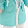 Lucky Doggy knuffelkleding 40 cm – Turquoise regenjas, trui met ster, crèmekleurige broek – Regenachtige Dag