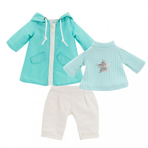 Vêtement peluche Lucky Doggy 40 cm – Ensemble Jour de Pluie – Imperméable turquoise, pull étoile, pantalon crème