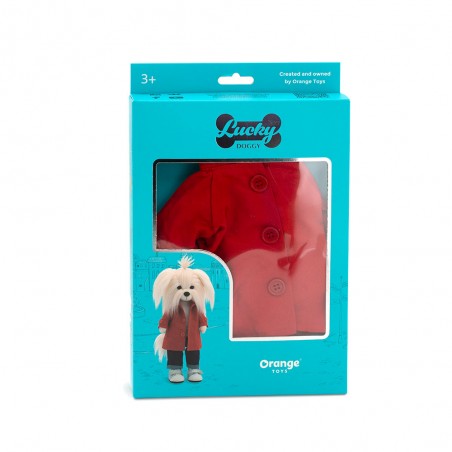 Lucky Doggy knuffelkleding 40 cm – Bright Mood set – Rode jas, spijkerbroek, T-shirt en zilveren schoenen