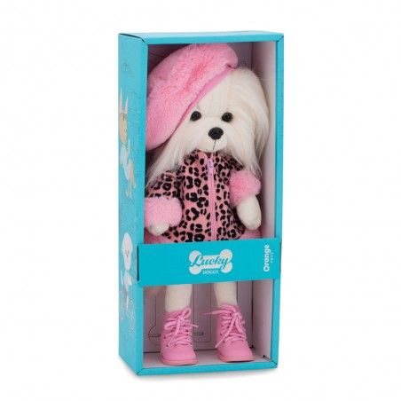 Vêtement peluche Lucky Doggy 40 cm – Manteau léopard rose, béret et chaussures – Lucky Mimi : Mon Amour