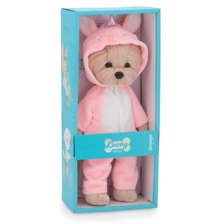 LD2_088_main.jpg → Peluche Lucky Doggy habillée d’un pyjama licorne rose avec corne scintillante
