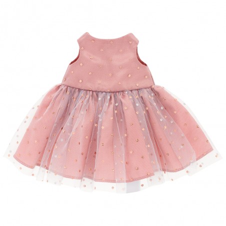 Lucky Doggy Plush Outfit – Powder Pink Dress with Golden Dots and Matching Bow – Shimmering Tenderness
