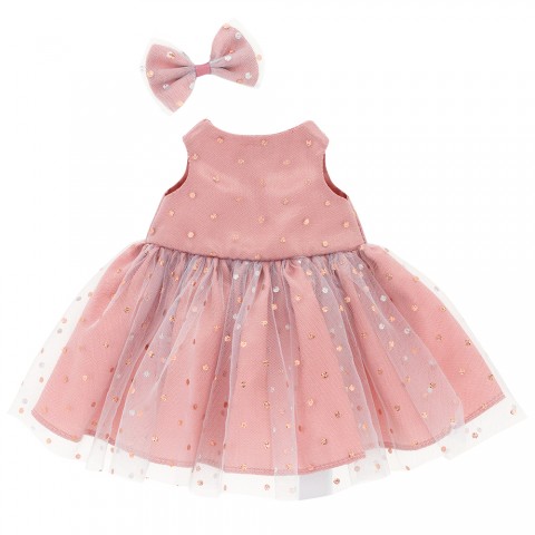 Lucky Doggy Plush Outfit – Powder Pink Dress with Golden Dots and Matching Bow – Shimmering Tenderness