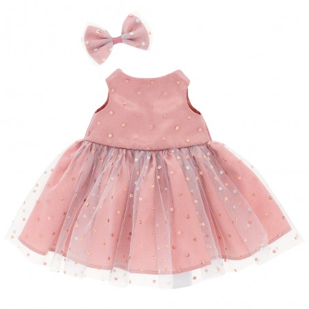 Lucky Doggy Plush Outfit – Powder Pink Dress with Golden Dots and Matching Bow – Shimmering Tenderness