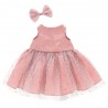 Lucky Doggy Plush Outfit – Powder Pink Dress with Golden Dots and Matching Bow – Shimmering Tenderness