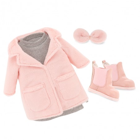 Winterkleding voor Lucky Doggy knuffel – Roze jas, grijze jurk, roze laarsjes, haarband