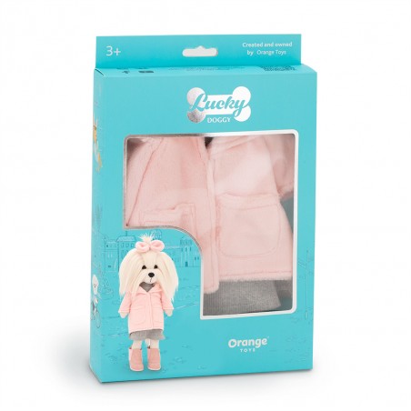 Winterkleding voor Lucky Doggy knuffel – Roze jas, grijze jurk, roze laarsjes, haarband