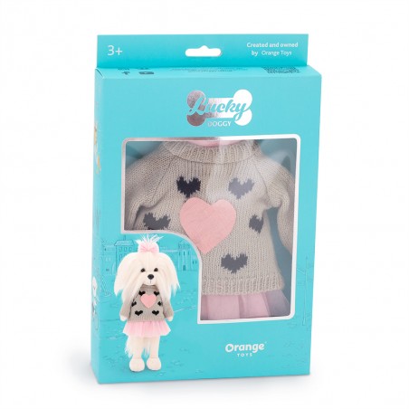 Ensemble peluche Lucky Doggy – Cœur rose : pull, robe tutu, nœud