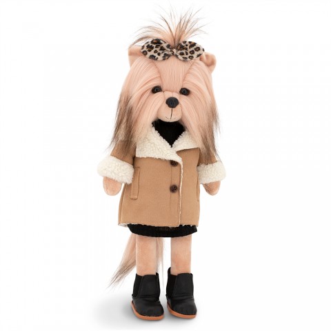 Kleidung für Lucky Doggy Plüsch 40 cm – Kamelmantel mit Fellimitat & Leoparden-Schleife – Lucky Yoyo Weistcoat