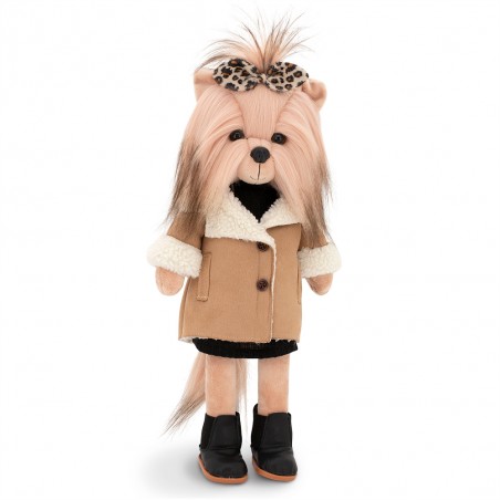 Kleidung für Lucky Doggy Plüsch 40 cm – Kamelmantel mit Fellimitat & Leoparden-Schleife – Lucky Yoyo Weistcoat
