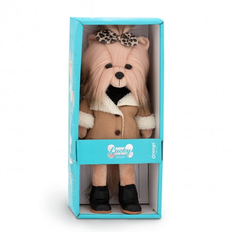 Kleidung für Lucky Doggy Plüsch 40 cm – Kamelmantel mit Fellimitat & Leoparden-Schleife – Lucky Yoyo Weistcoat