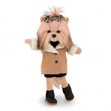 Kleidung für Lucky Doggy Plüsch 40 cm – Kamelmantel mit Fellimitat & Leoparden-Schleife – Lucky Yoyo Weistcoat