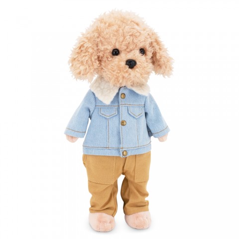 Peluche Lucky Doggy debout, en veste en jean claire et pantalon camel