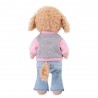 Peluche Lucky Doggy debout en veste universitaire rose et pantalon en jean clair.