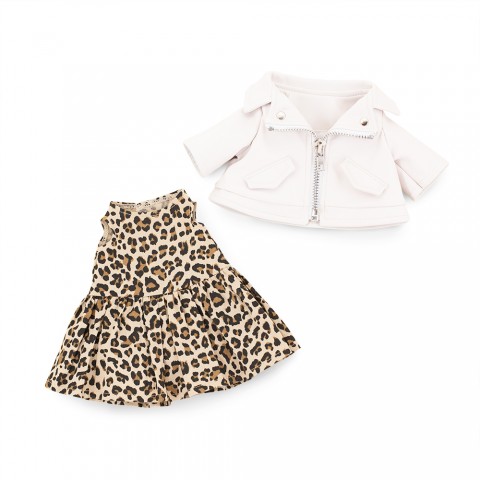 Ensemble Robe Léopard & Perfecto Blanc pour peluche Lucky Doggy – Look Rock Chic 40 cm