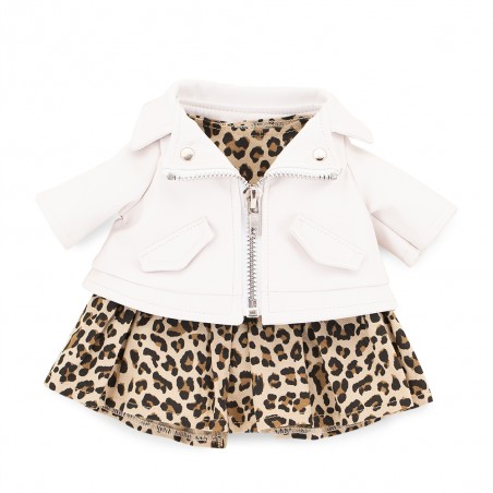 Ensemble Robe Léopard & Perfecto Blanc pour peluche Lucky Doggy – Look Rock Chic 40 cm