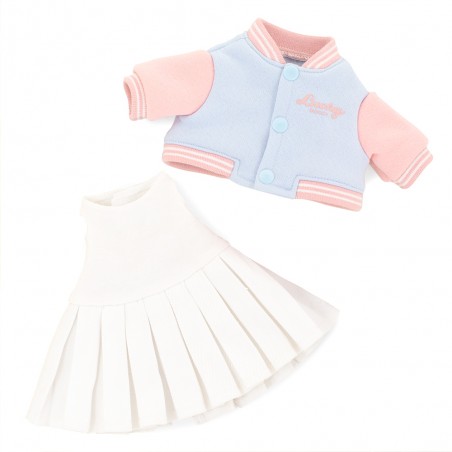 Lucky Doggy – Ensemble L119 : blouson teddy pastel bleu et rose avec robe plissée blanche