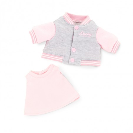 Look Urban Chic pour peluche, Blouson teddy et jean flare, Tenue 3 pièces tendance, Ensemble rose et denim