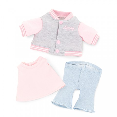 Look Urban Chic pour peluche, Blouson teddy et jean flare, Tenue 3 pièces tendance, Ensemble rose et denim