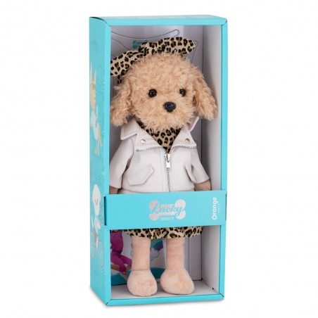 Peluche chien debout en robe léopard, veste zippée blanche et bandeau assorti