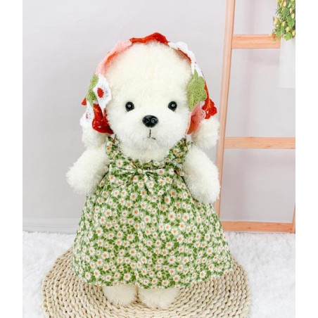 Robe verte à bretelles pour peluche avec imprimé marguerites – vue à plat – Réf. Y163