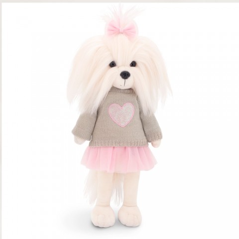 Détail du cœur rose sur pull beige Lucky Yoyo Réf. LD5/101 – Tenue romantique pour peluche Lucky Doggy