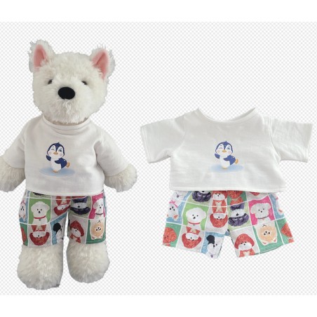 White T-shirt + cartoon dog shorts