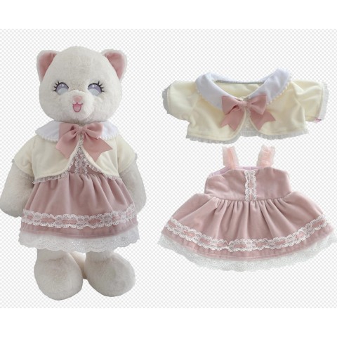 White plush toy dressed in pink lace dress and cream bolero with pink bow – 40 cm plush clothing