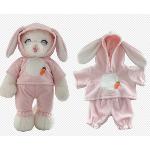 Peluche en déguisement lapin rose avec capuche oreilles et carotte