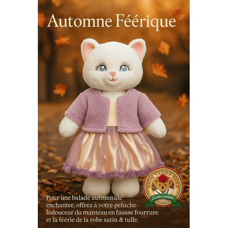 Lavendel-Outfit Kuscheltier – Satinkleid & Fleecejacke – Ref. Y130