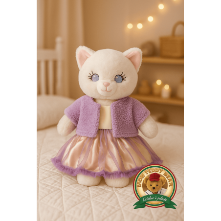 Lavendel-Outfit Kuscheltier – Satinkleid & Fleecejacke – Ref. Y130