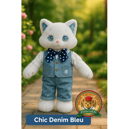 Ensemble peluche 2 pièces – chemise cousue, veste en jean à scratch, short et nœud pois – vue à plat – Réf. Y253