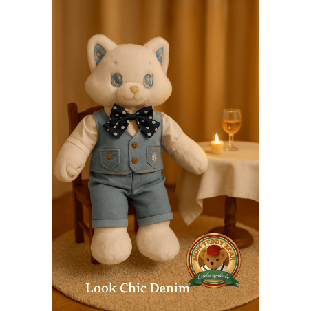 Ensemble peluche 2 pièces – chemise cousue, veste en jean à scratch, short et nœud pois – vue à plat – Réf. Y253