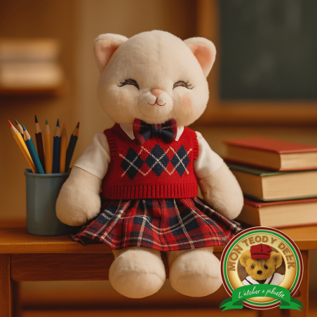 peluche habillée en écolière avec jupe écossaise et pull rouge - Mon Teddy Bear