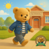 knuffel in denim jas en bijpassende broek, wit t-shirt, in een stedelijke omgeving - Mon Teddy Bear