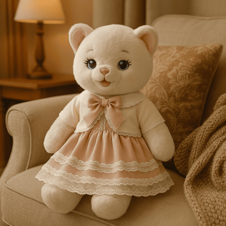 White plush toy dressed in pink lace dress and cream bolero with pink bow – 40 cm plush clothing