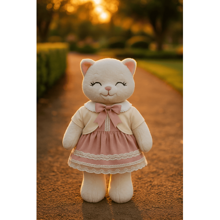Peluche blanche vêtue d'une robe rose élégante en dentelle et d'un boléro crème avec nœud – vêtement pour peluche 40 cm