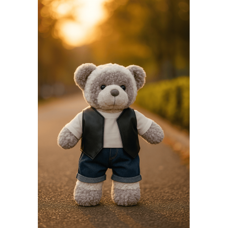 Plush bear wearing biker-style vest and jeans outfit, 16 inch