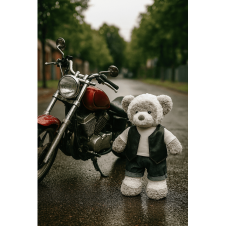 Peluche vêtue d’un ensemble biker gilet et jean, 40 cm