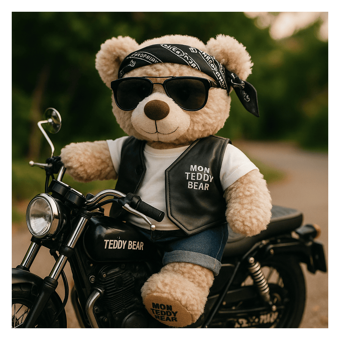 Knuffel met biker gilet en jeans, 40 cm Knuffel met biker gilet en jeans, 40 cm