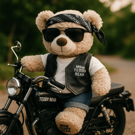Peluche vêtue d’un ensemble biker gilet et jean, 40 cm
